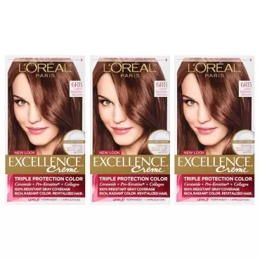 L'Oreal Paris Excellence Creme Permanent Hair Color, 6 Light Red Brown,100 percent Gray Coverage Hair Dye, Pack of 3