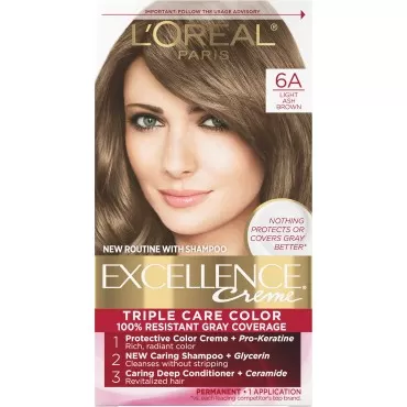 L'Oreal Paris Excellence Creme Permanent Triple Care Hair Color, 6A Light Ash Brown, Gray Coverage For Up to 8 Weeks, All Hair Types, Pack of 1