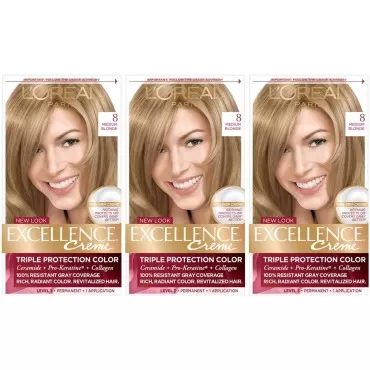 L'Oreal Paris Excellence Creme Permanent Hair Color, 8 Medium Blonde, Pack of 3