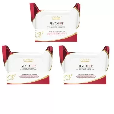 L'Oreal Paris Skin Care Revitalift Radiant Smoothing Wet Cleansing Towelettes, 30 Count, (Pack of 3)