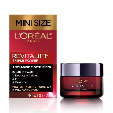 L'Oreal Paris Revitalift Triple Power Anti-Aging Face Moisturizer Travel Size, Pro Retinol, Hyaluronic Acid & Vitamin C, Reduce Wrinkles, Trial 0.5 Oz