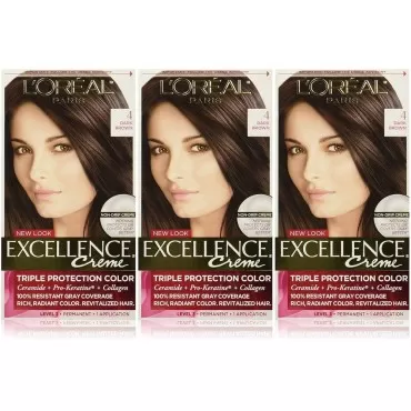 L'Oreal Paris Hair Color Excellence Non-Drip Creme Triple Protection Color, 4 Dark Brown, 3 Count