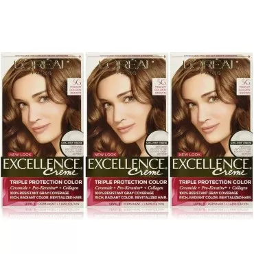 L'Oreal Paris Hair Color Excellence Non-Drip Creme Triple Protection Color, 5G Medium Golden Brown, 3 Count