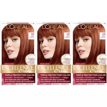 L'Oreal Paris Hair Color Excellence Creme, 6R Light Auburn, 3 Count