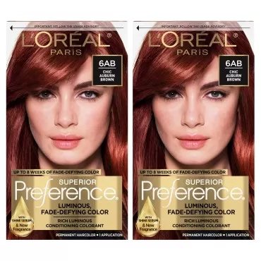 L'Oreal Paris Superior Preference Luminous Fade-Defying Permanent Hair Color, Hair Dye For Up to 9 Weeks of Radiance, Chic Auburn Brown 6AB, 1 Hair Dye Kit (Pack of 2)