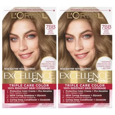 L'Oreal Paris Excellence Creme Permanent Hair Color, 7BB Dark Beige Blonde, 100 percent Gray Coverage Hair Dye, Pack of 2