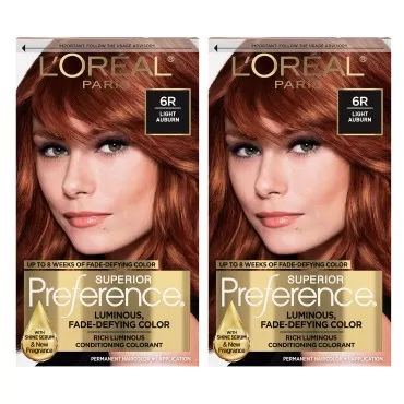 L'Oreal Paris Superior Preference Luminous Fade-Defying Permanent Hair Color, Hair Dye For Up to 9 Weeks of Radiance, Light Auburn 6R, 1 Hair Dye Kit (Pack of 2)
