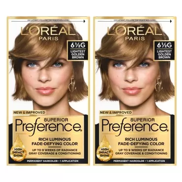 L'Oreal Paris Superior Preference Luminous Fade-Defying Permanent Hair Color, Hair Dye For Up to 9 Weeks of Radiance, Lightest Golden Brown 6.5G, 1 Hair Dye Kit (Pack of 2)