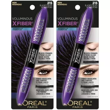 L'Oreal Paris Voluminous X Fiber Waterproof Mascara, Blackest Black, 2 count