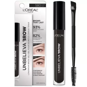 L'Oreal Paris Unbelieva-Brow Longwear Waterproof Tinted Brow Gel, Smudge-resistant, Transfer- Proof, Quick Drying, Easy and quick application with precise brush, Black, 0.15 fl. oz.