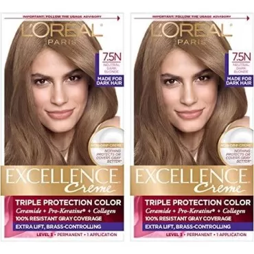 L'Oreal Paris Excellence Creme Permanent Hair Color, Triple Protection Hair Color with Ceramide, Pro- Keratine and Collagen, 7.5N Dark Neutral Blonde, 2 count