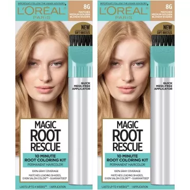 L'Oreal Paris Magic Root Rescue 10 Minute Root Hair Coloring Kit, Permanent Hair Color with Quick Precision Applicator, 100% Gray Coverage, 8G Medium Golden Brown, 2 count