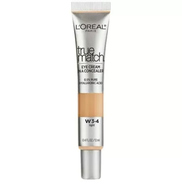 L’Oréal Paris True Match Eye Cream in a Concealer, 0.5% hyaluronic acid, Light W3-4, 0.4 fl. oz.