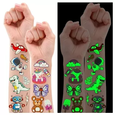 Partywind 380 Styles (30 Sheets) Luminous Tattoos for Kids, Mixed Styles Temporary Tattoos Stickers with Mermaid/Dinosaur/Space/Pirate for Boys and Girls, Glow Party Supplies Gifts