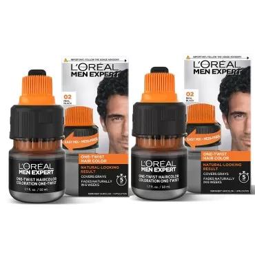 L’Oreal Paris Men Expert One Twist Mess Free Permanent Hair Color, Mens Hair Dye to Cover Grays, Easy Mix Ammonia Free Application, Real Black 02, 2 Application Kit