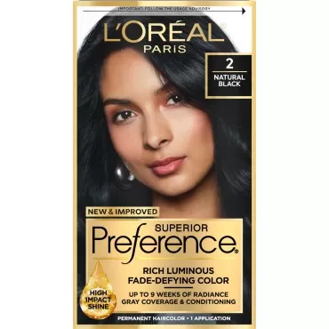L'Oreal Paris Superior Preference Permanent Hair Color, Fade-Defying Hair Dye with Color & Shine Conditioner, 2 Natural Black, 1 Kit