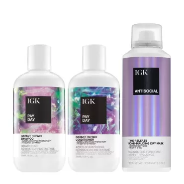 IGK Pay Day + Antisocial Restorative Kit | Repair + Soften + Shine | Vegan + Cruelty Free | 21 Oz