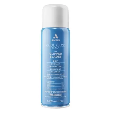 Andis 12556 Cool Care Plus 5-in-1 Clipper Blade Spray - Professional Grooming Tool with Easy Cleaning, Cooling, Disinfecting, Lubricating, and Rust Prevention - All Hairs Type, 6 Oz - Blue