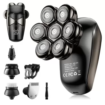 Detachable Head Shavers, SHPAVVER 5-in-1 Electric Razor IPX7 Waterproof for Bald Men, Wet/Dry LED Display Rechargeable 7D Rotary Shaver Grooming Kit with Type-C Charge (A)