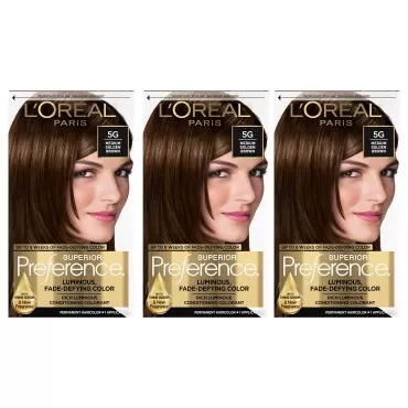 L'Oreal Paris Superior Preference Luminous Fade-Defying Permanent Hair Color, Hair Dye For Up to 9 Weeks of Radiance, Medium Golden Brown 5G, 1 Hair Dye Kit (Pack of 3)
