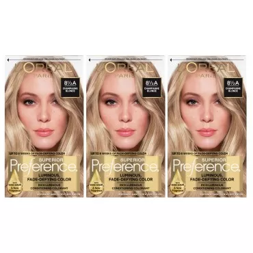 L'Oreal Paris Superior Preference Luminous Fade-Defying Permanent Hair Color, Hair Dye For Up to 9 Weeks of Radiance, Champagne Blonde 8.5A, 1 Hair Dye Kit (Pack of 3)
