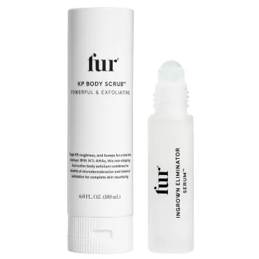 Fur KP Body Scrub and Ingrown Eliminator Serum Rollerball Bundle, KP Body Scrub with Powerful 14% AHAs for Keratosis Pilaris and Rollerball Serum for Ingrown Hair Treatment