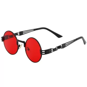 Kursan Round Sunglasses for Men Women Retro Metal Frame Hippie Glasses (Black Frame/Red Lens)