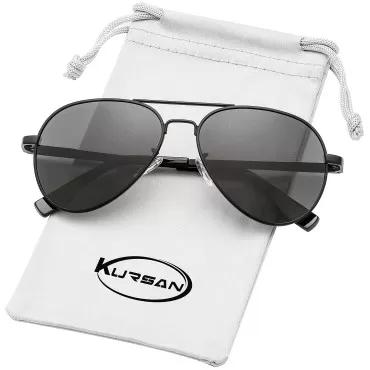 Kursan Kids Small Polarized Aviator Sunglasses for Boys Girls Age 4-18, 100% UV400 Protection, 52MM (Black/Black Lens)