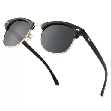 Retro Semi-Rimless Polarized Sunglasses for Men Women Driving Sun glasses 100% UV Blocking(Bright Black Frame/Black Lens)
