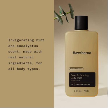 Hawthorne Men's Deep Exfoliating Body Wash. For All Skin Types. Deeply Cleanse and Moisturize with Natural Jojoba Extract. Mint and Eucalyptus Scent. Sulfate Free, Paraben Free, Cruelty Free. 8 fl. oz.