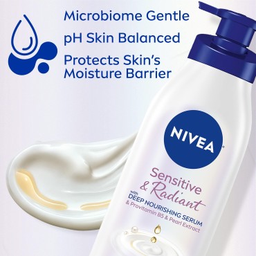 Nivea Sensitive and Radiant Body Lotion for Sensitive Skin, Unscented Body Lotion With Hypoallergenic Formula, 16.9 Fl Oz Pump Bottle
