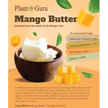 Raw Mango Butter 4 oz 100% Pure Natural Cold Pressed. Skin Body and Hair Moisturizer, DIY Creams, Balms, Lotions, Soaps. 4 Ounce