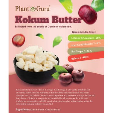 Raw Kokum Butter 2 lbs. Bar 100% Pure Natural - Great for Skin, Body and Hair Moisturizer, DIY Creams, Balms, Lotions and Soap Making.
