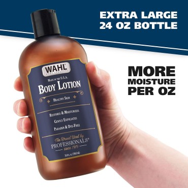 Wahl Body Lotion with Essential Oils, Hydroxy Acid and Ceramides to Exfoliate, Restore, Moisturize All Skin Types - 24 Oz - Model 805606A
