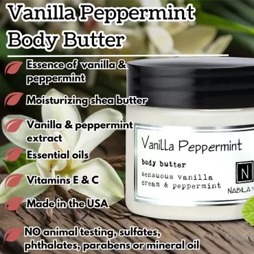 Nabila K Body Butter - Daily Moisturizer for Body Care - Skin Hydrating Deep Moisturizing - Natural Ingredients - Vanilla & Peppermint - 2 oz