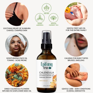 Epifany True Calendula Oil 2oz | Natural Soothing Moisturizer for Sensitive Skin | Eczema Sunburn Chafed Chapped Dry Skin | Face Body Nails Hair | Calendula Officinalis Infused