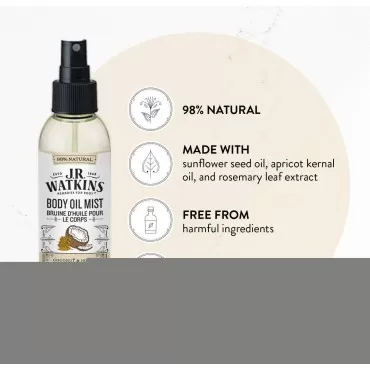 J.R. Watkins Natural Hydrating Body Oil Mist, Coconut Milk & Honey, Moisturizing Body Oil Spray for Glowing Skin, USA Made and Cruelty Free, 6 fl oz, Single