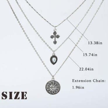 Edary Vintage Cross Pendant Necklace Sun Layered Necklaces Gemstone Jewelry Accessories for Women and Girls.