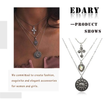 Edary Vintage Cross Pendant Necklace Sun Layered Necklaces Gemstone Jewelry Accessories for Women and Girls.