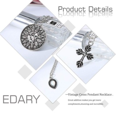 Edary Vintage Cross Pendant Necklace Sun Layered Necklaces Gemstone Jewelry Accessories for Women and Girls.