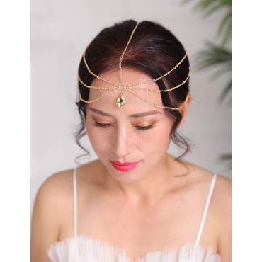 Denifery Bridal Boho Gold Rhinestone Head Chain Bridal Headpiece Bohemian Wedding Hair Accessories