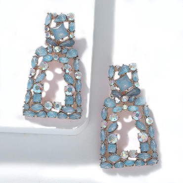 Xerling Trendy Rhinestone Geometric Bling Earrings Boho Crystal Iridescent Bridal Wedding Earrings for Women Gold Rhinestone Statement Earrings (Blue)