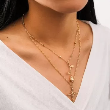 fxmimior 2 Tier Bohemia Rose Flower Cross Long Layered Necklace Bar Coin Charm Pendant Neckalce Delicate Station Chain Multilayer Dics Bar Choker Necklaces for Women