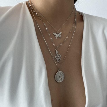 Xerling Gothic Snake Necklace Portrait Coin Pendant Necklace Cute Butterfly Pendant Necklace for Women Girls Boho Snake Pendant Necklace (Silver)