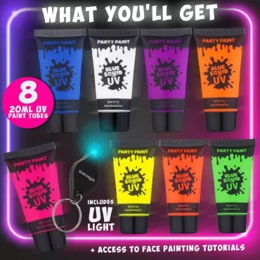 UV Face & Body Paint Set - Blue Squid, 8 Liquid UV Body Paints (8 Large 0.68 fl oz) +FREE BONUS Mini Ultraviolet Flashlight - Glow in The Dark Neon Face & Body Paint - Black Light Reactive Neon Paints