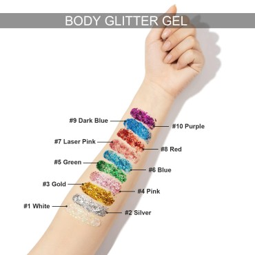 Body Glitter Makeup Set, 2Pcs Mermaid Sequins Face Glitter Gel Makeup for Body, Hair, Face, Nail, Eyeshadow, Long Lasting Waterproof Liquid Glitter Gel Total 10 Colors Available (#8 RED, 2PCS)