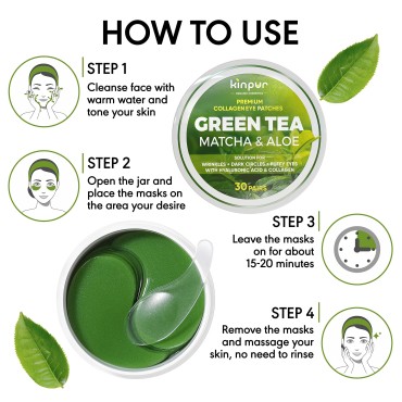KINPUR ORGANIC COSMETICS Green Tea Under Eye Patches for Wrinkles and Eye Bags - Eye Masks for Dark Circles and Puffiness with Collagen, Hyaluronic Acid - Under Eye Mask for All Skin Types, 30 Pairs