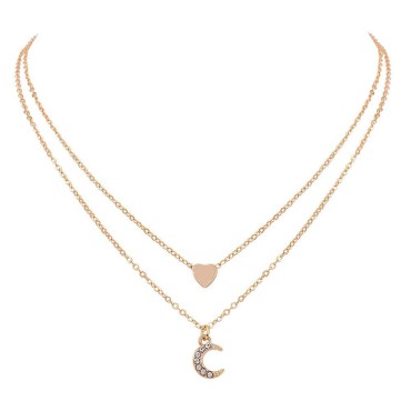 DoubleNine Double Layered Tiny Heart Moon Pendant Gold Dainty Necklaces Everyday Simple Jewelry for Women Girls