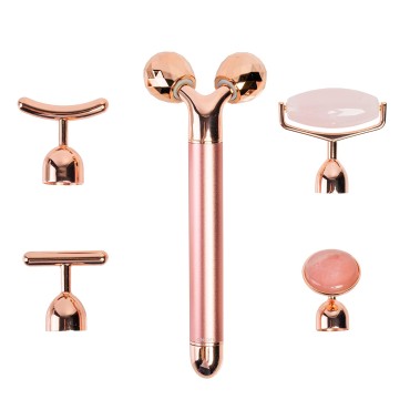 ELLIXI - 5-in-1 Electric Face Massager - 5 Vibrating Heads Including 3D V Lifting Roller + Round Rose Quartz + Rose Quartz Facial Massager and 2 Types T-Shape Massagers for Face - Eyes - Jaw Line