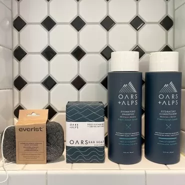 MightyNest Men's Shower Set: Oars and Alps Blue Charcoal Bar Soap, Shampoo, Conditioner, and Charcoal Body Sponge | Sustainable and Plastic Free | Moisturizing, Hydrating for all Skin and Hair Types | 4 Piece Bath Gift Set